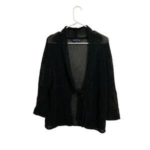 Jones New York Signature Black Open Knit Tie Front Cardigan Sz Large 3/4 Sleeve